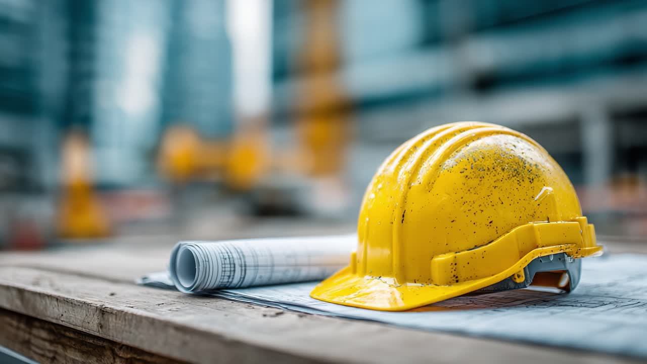 A Close-Up of a Yellow Safety Helmet Placed on Architectural Plans, Emphasizing Construction Safety and Planning in an Urban Environment