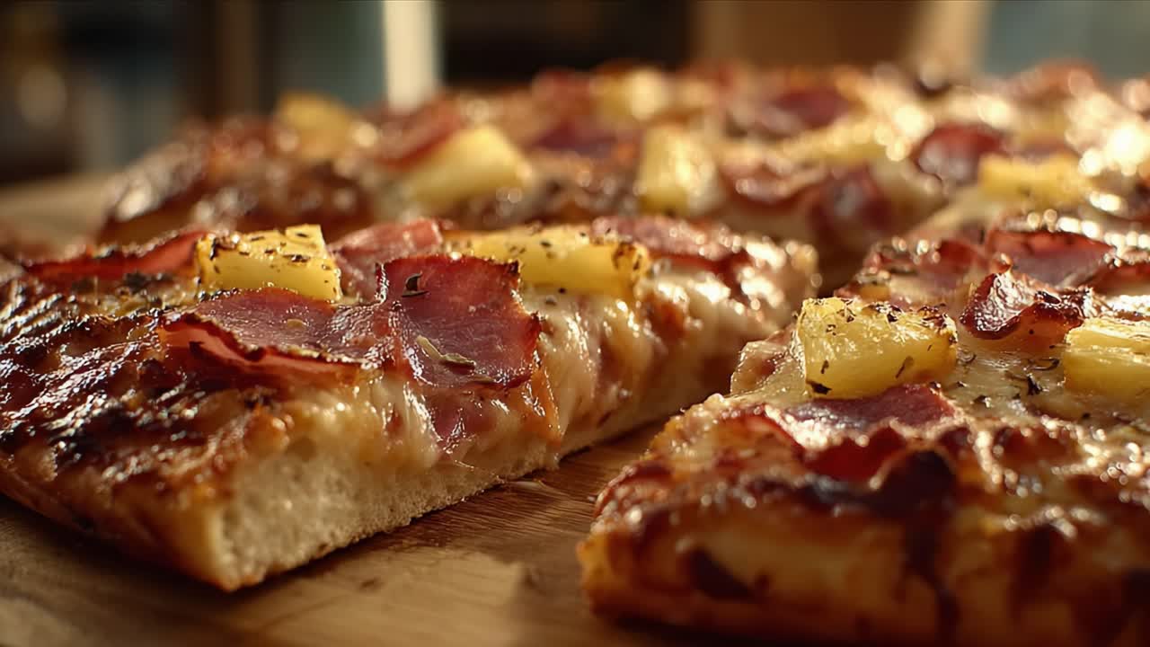 Mouthwatering Hawaiian Pizza Loaded with Bacon and Pineapple on a Rustic Wooden Surface, Perfectly Baked to Golden Perfection, Ideal for Any Pizza Lovers' Delight