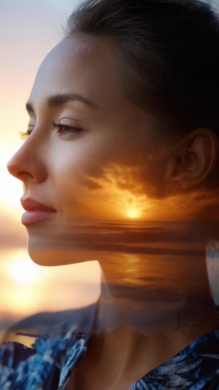 Ritratto accattivante di una donna con il riflesso del tramonto - Una fusione armoniosa di bellezza e natura, abbracciata in un momento sereno in riva all'oceano al crepuscolo.