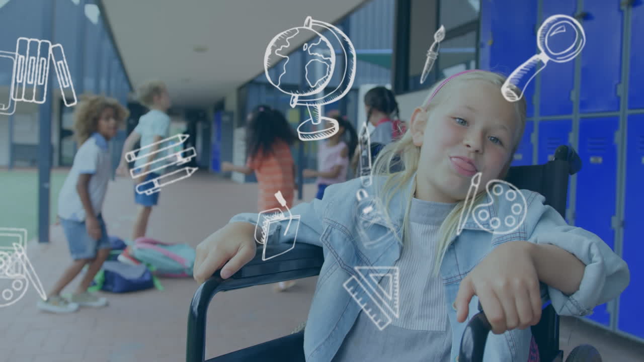 체어에 앉아 있는 장애인 백인 여학생을 상징하는 학교 아이콘의 애니메이션