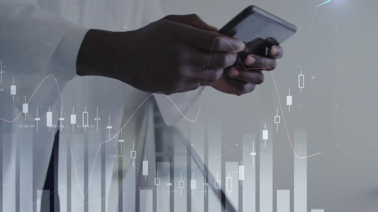 Senior male doctor wearing stethoscope holding smartphone while viewing animated charts in medtech