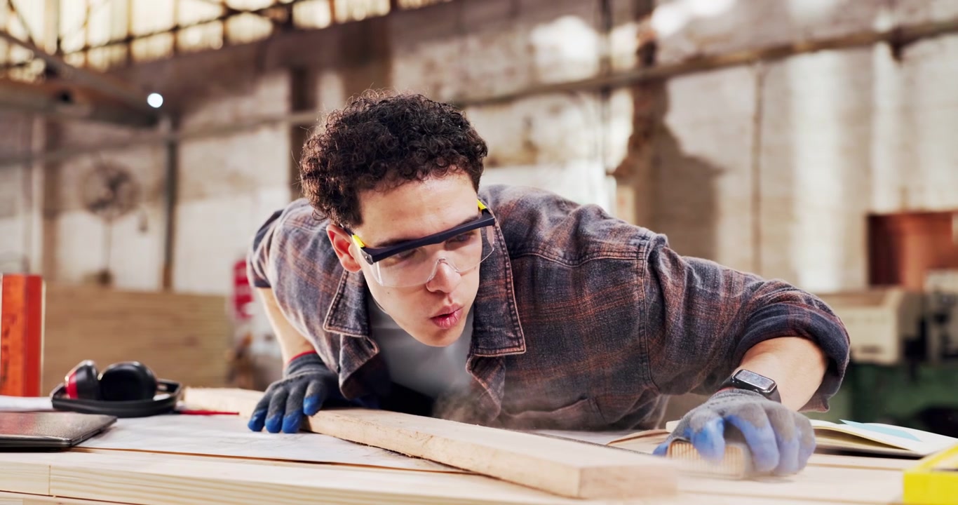 Young Carpenter Sanding a Wooden Plank in a Workshop