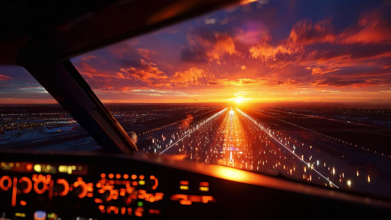 Experience the breathtaking view from the cockpit as the aircraft approaches the runway under a stunning sunset, illuminating the horizon and runway lights in a spectacular display