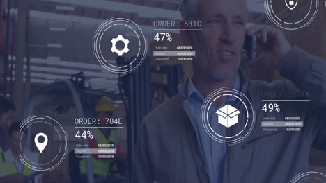 animación de procesamiento de datos contra el supervisor masculino caucásico hablando en teléfono inteligente en el almacén