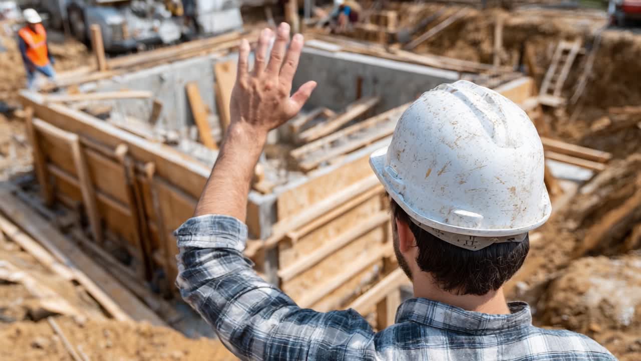 A Construction Worker Waves Goodbye at a Building Site, Signifying the Completion of a Foundation or Phase of Construction Activity