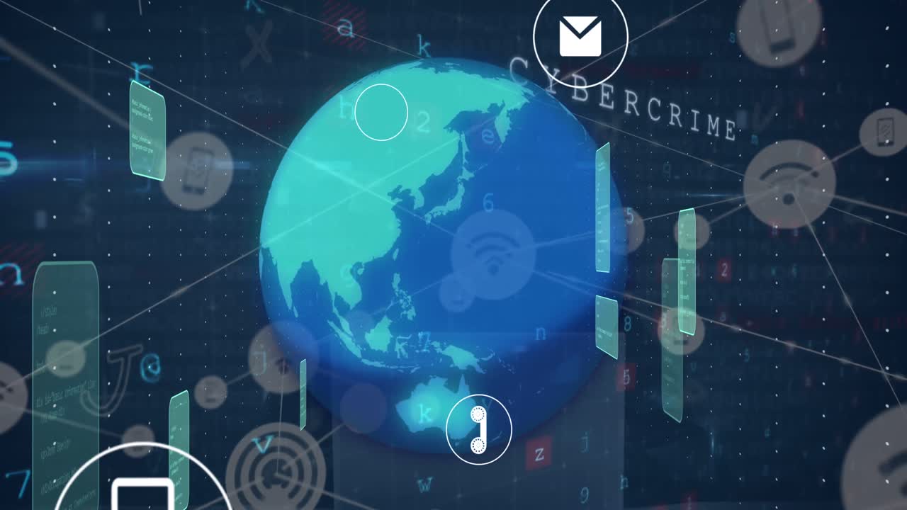 전 세계에 연결된 아이콘, 컴퓨터 언어, 텍스트, 글자, 숫자 및 기호의 애니메이션