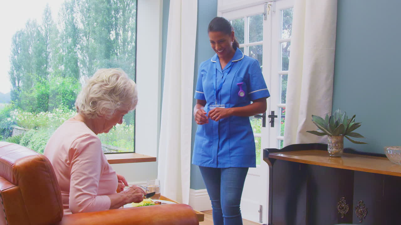 Female Care Worker In Uniform Bringing Meal On Tray To Senior Woman Sitting In Lounge At Home