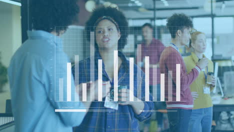 animation of financial data processing over diverse colleagues having meeting in office
