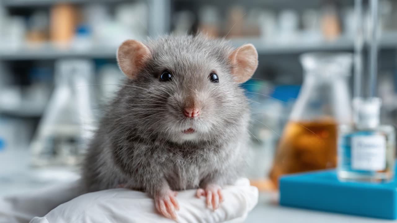 A Curious Gray Laboratory Rat Observes Its Surroundings, Surrounded by Scientific Equipment and Glassware in an Indoor Setting