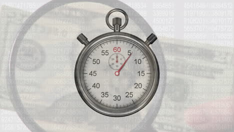 animación del reloj que hace tic-tac sobre los billetes de moneda del dólar estadounidense.