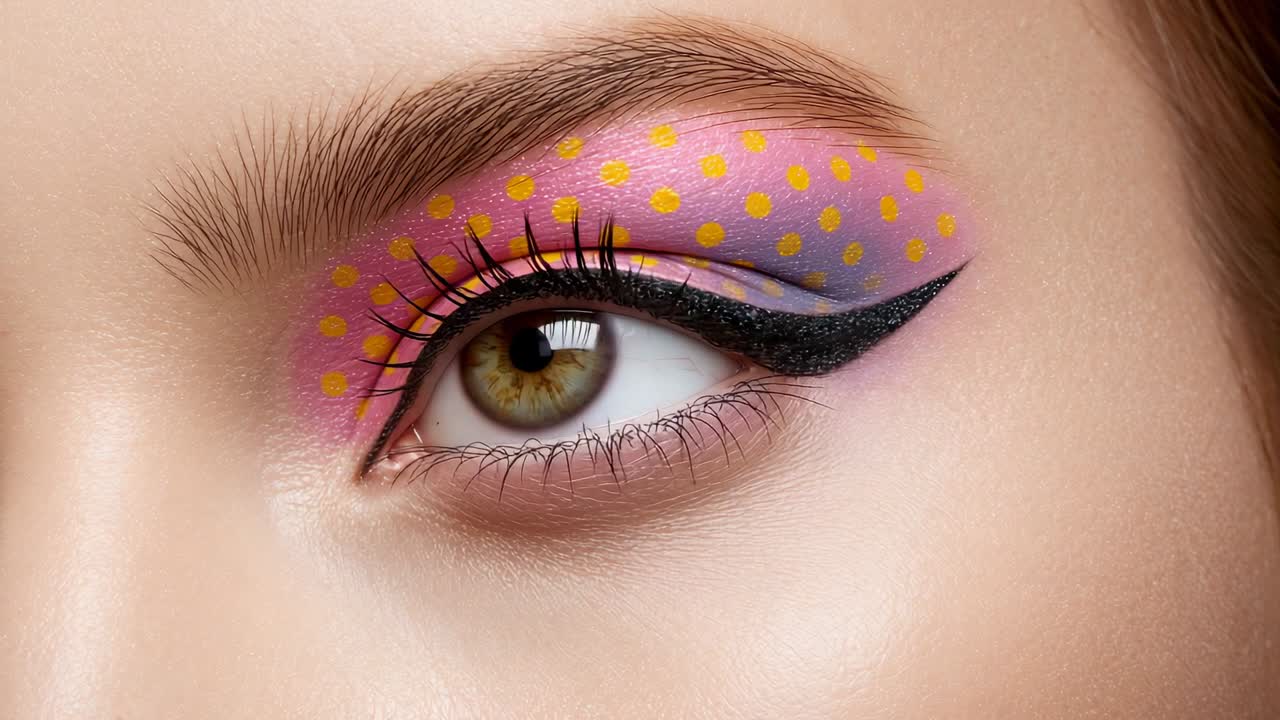 Primo piano di un occhio che si apre da una palpebra abbassata, mostrando la palpebra rosa lavanda, punti gialli, eyeliner nero