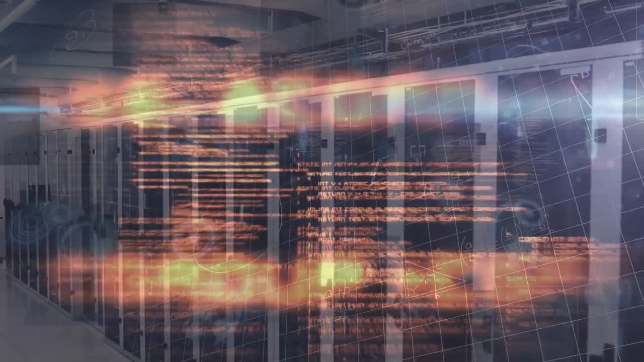 Animation of computer language over mathematical equations and diagrams against server room