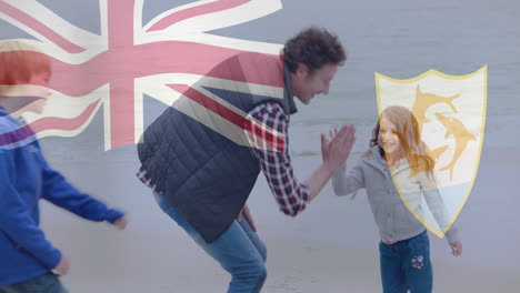 british flag and anguilla coat of arms animation over man and girl on beach