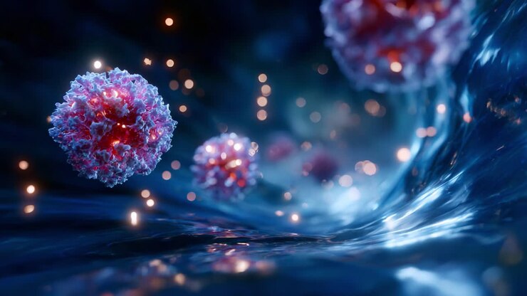 Esplorando l'intricato mondo dei virus: uno sguardo dettagliato a particelle virali che fluttuano in un ambiente liquido dinamico con effetti di luce brillanti