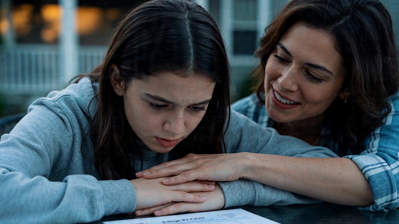 Ragazza adolescente in felpa con cappuccio appoggiata che studia un modulo sul portico al crepuscolo, con la madre in plaid che le posa una mano in modo rassicurante.