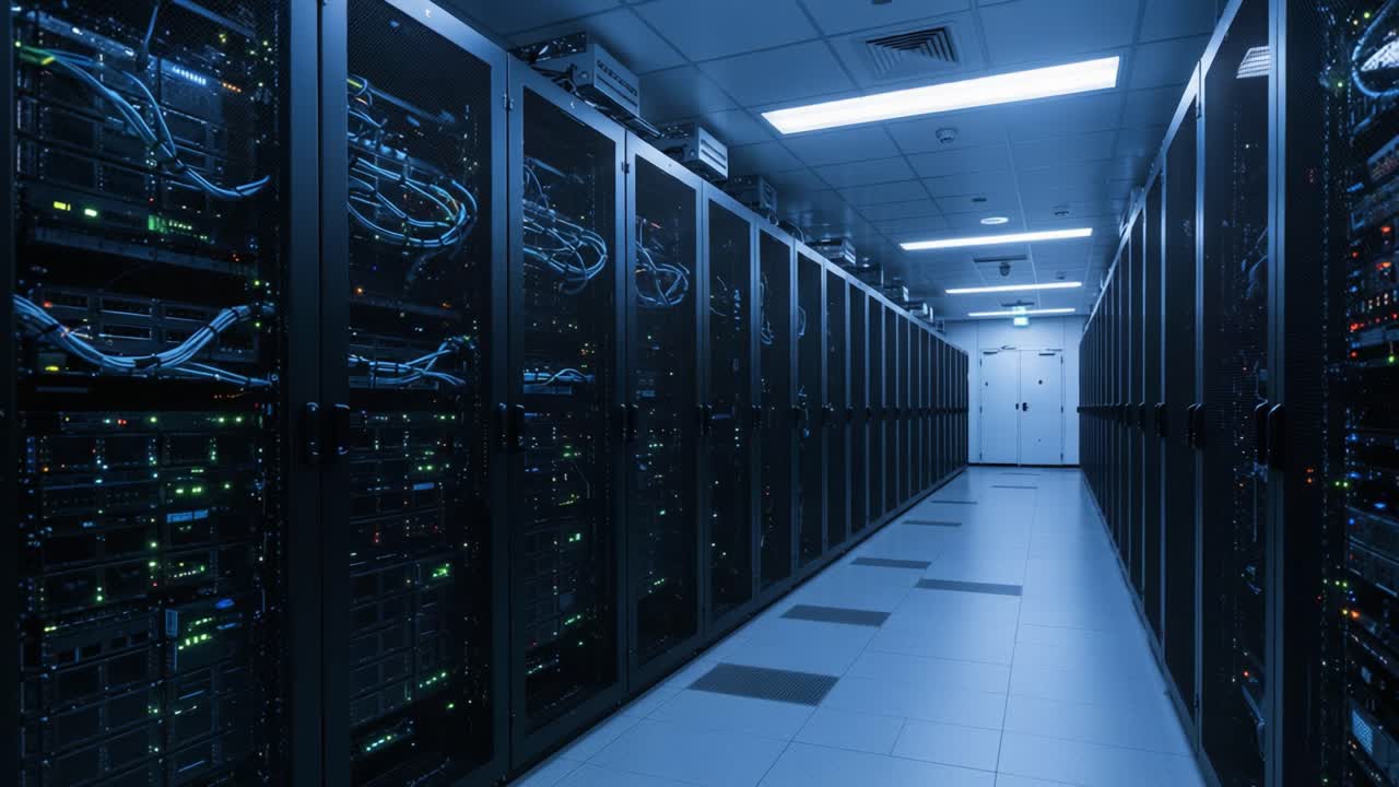 High-Tech Data Center Interior Showcasing Rows of Server Racks with Blinking Lights and Networking Equipment in a Dark Ambient Environment