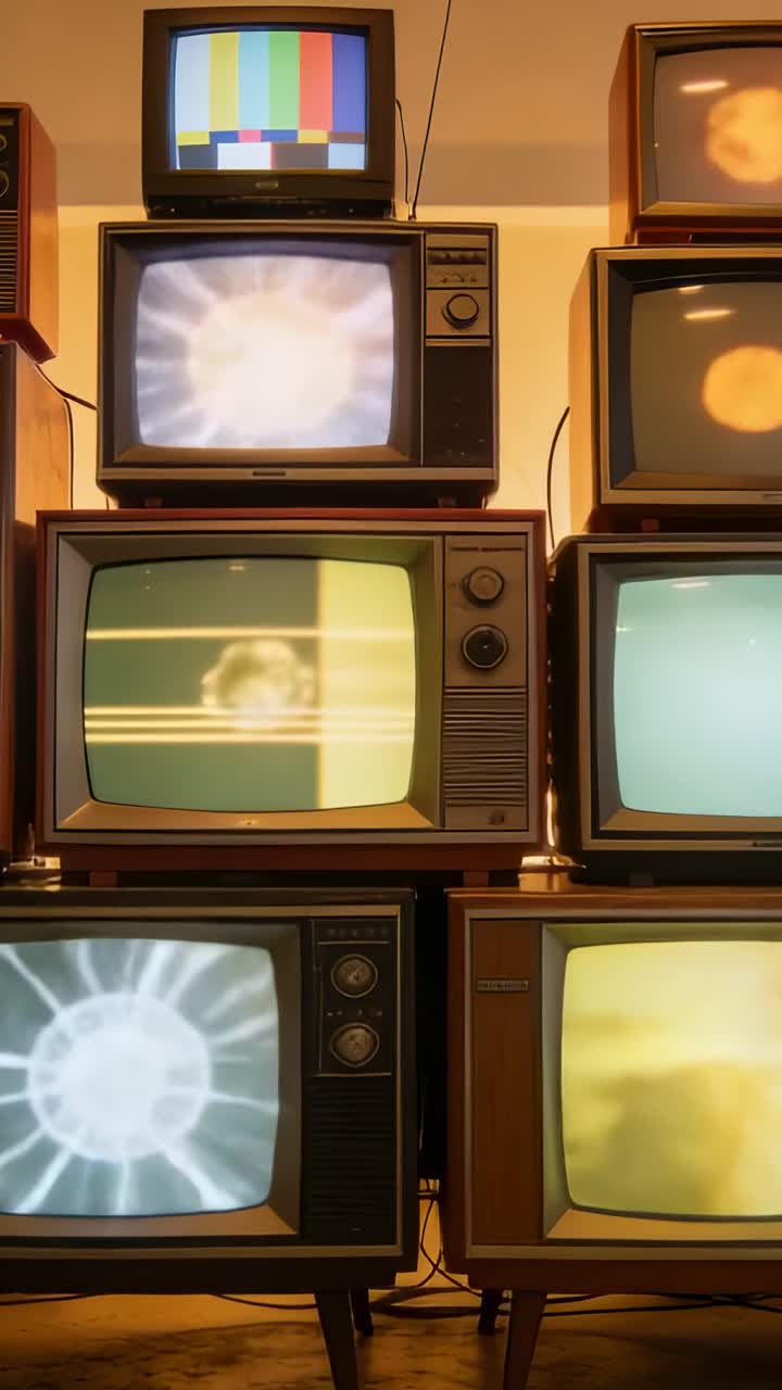 Sette televisori CRT vintage impilati che mostrano schemi di test in rotazione in una stanza calda, con manopole rotanti.