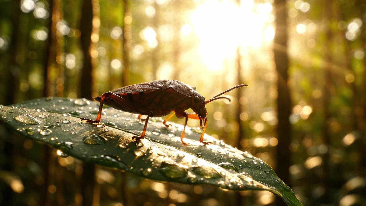 A Close-Up View of a Beetle Sitting on a Dewy Leaf with a Beautiful Sunlit Forest Background, Capturing the Essence of Nature and Its Intricacies