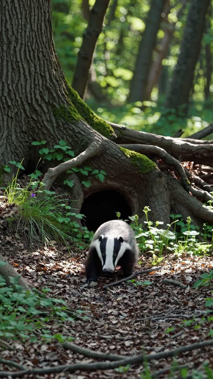 Un tasso in una foresta vicino alla sua tana, catturato da una angolazione bassa