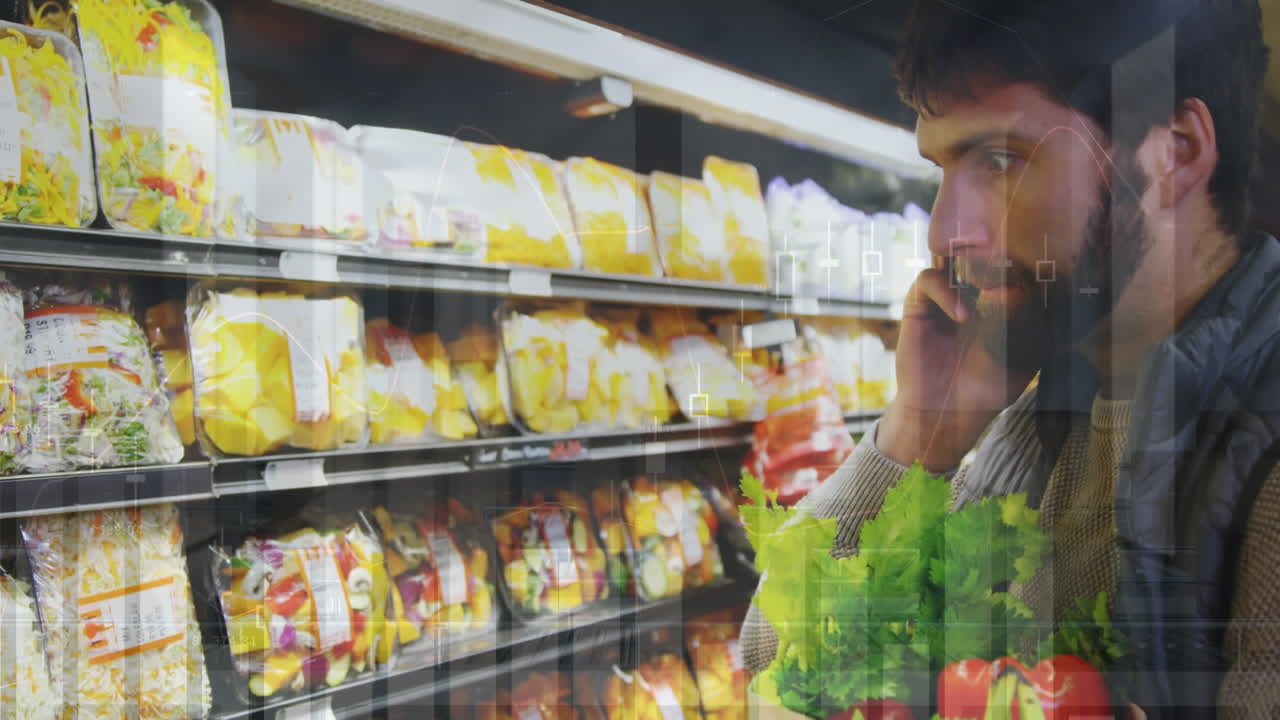 animación del procesamiento de datos sobre las compras del hombre caucásico.