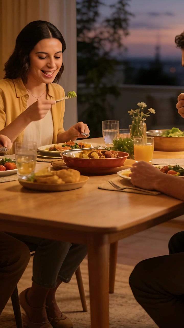 Vertical video: Plates being set woman in mustard top serving, eating salad for dinner at home