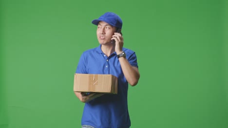 persona de entrega hablando por teléfono con el paquete