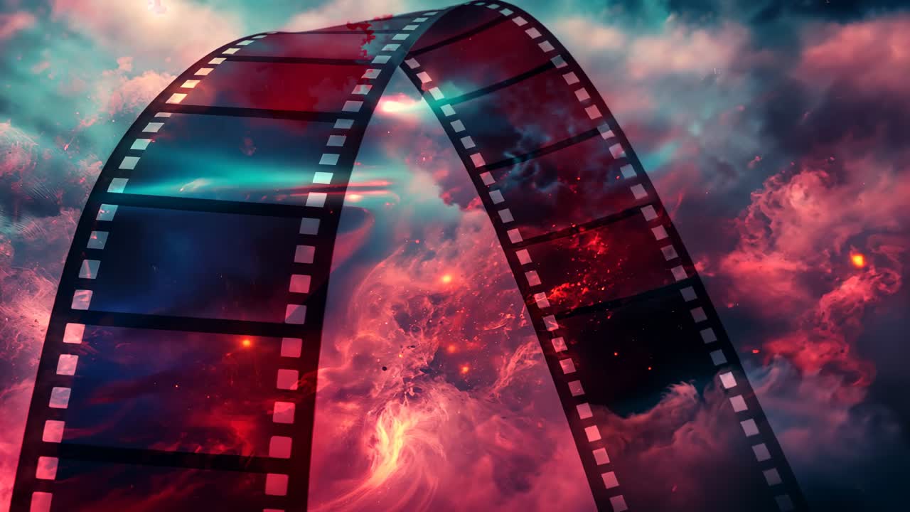 Emerging at start, film strips arching in magenta-teal clouds, turquoise streaking, embers drifting