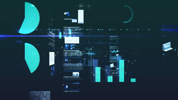 Animation of multiple graphs, loading circles and computer language against black background