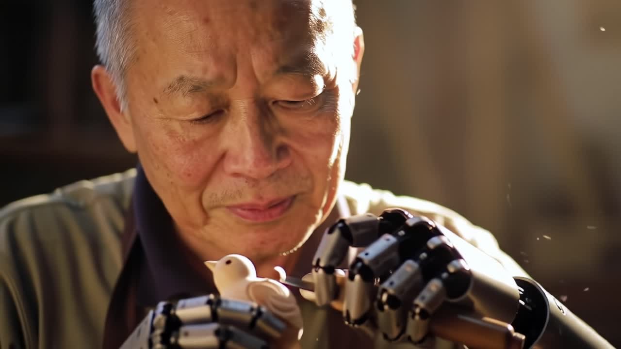 Artisan Craftsman Perfecting a Wooden Bird Model with Advanced Prosthetic Hands in a Warm Light-Infused Workshop Setting