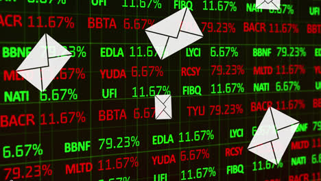 Animation-of-email-envelope-icons-falling-over-financial-shares-data-processing