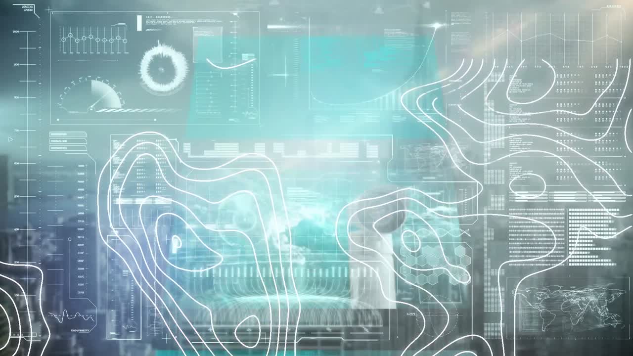 도시 풍경 위의  ⁇ 색 지도 선의 애니메이션과 화면의 데이터 처리