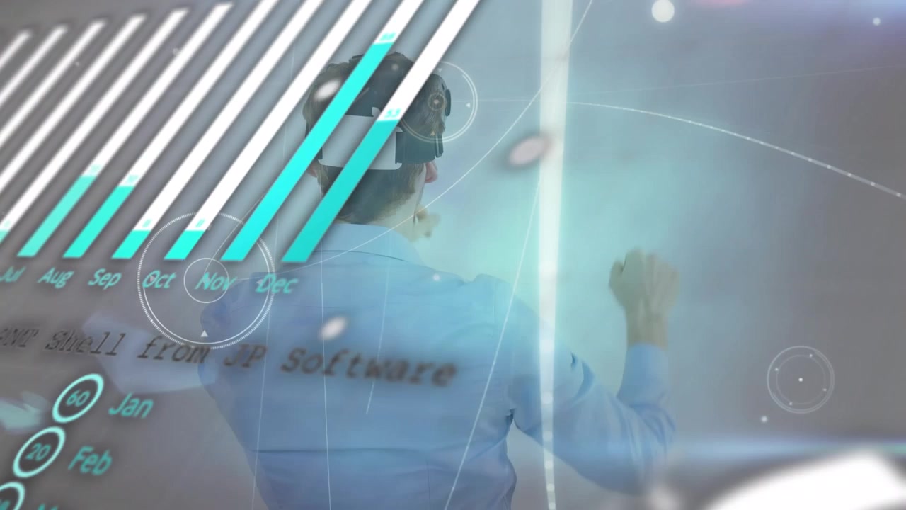 Businessman Using Virtual Reality Headset to Interact with Data Visualization
