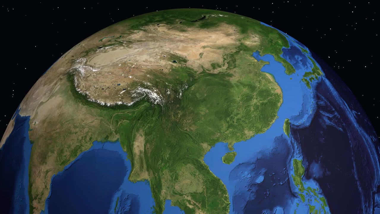 Un'animazione digitale zooma dallo spazio profondo su una specifica coordinata geografica a Zhaotang, Cina.