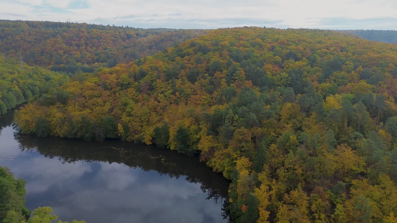 el bosque coloreado en diferentes colores del otoño por la superficie del agua