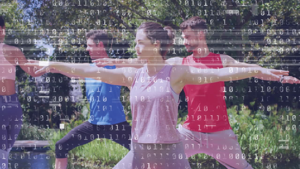 Practicing yoga outdoors, people with binary code animation overlay in park