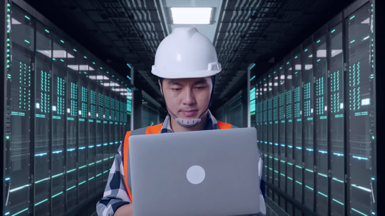 Front View of Asian Male Engineer Use Computer While Walking in Server Room Data Center