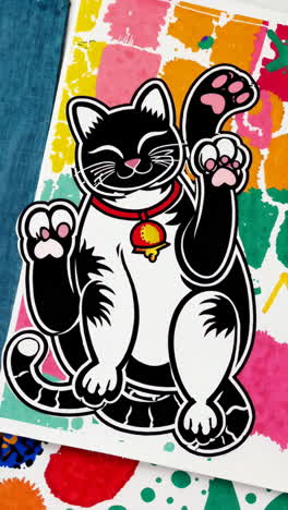 maneki-neko lucky cat illustration on colorful paint splatter background