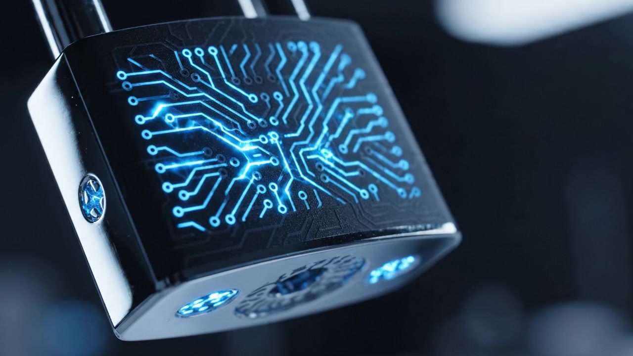 A close-up view of a high-tech padlock featuring intricate circuit patterns, showcasing its advanced security features and glowing blue elements in a dark background.