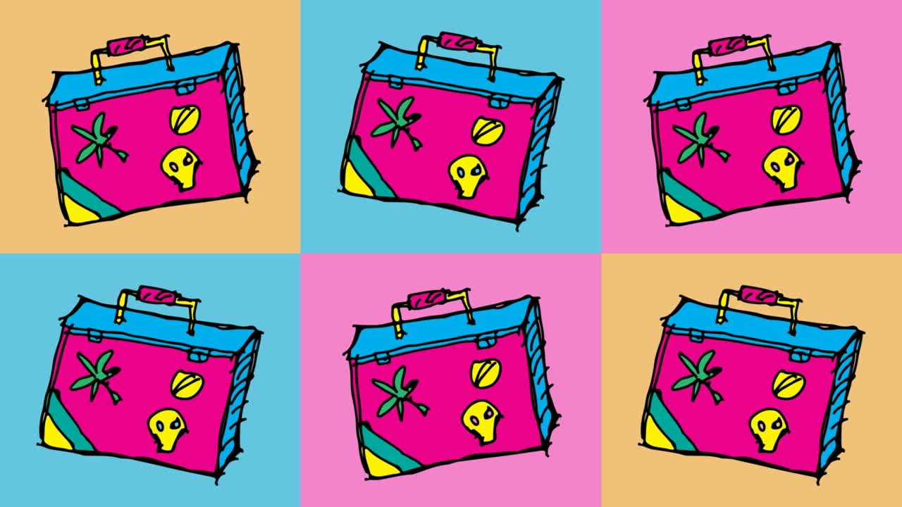 niños dibujando arte pop fondo sin costuras con el tema de la maleta