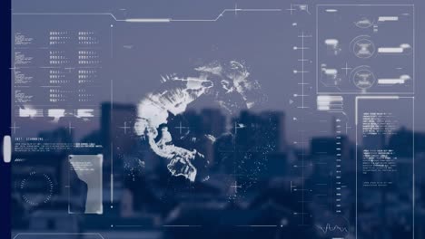 animation of graphical infographic interface screen with rotating glove, coding and scanning