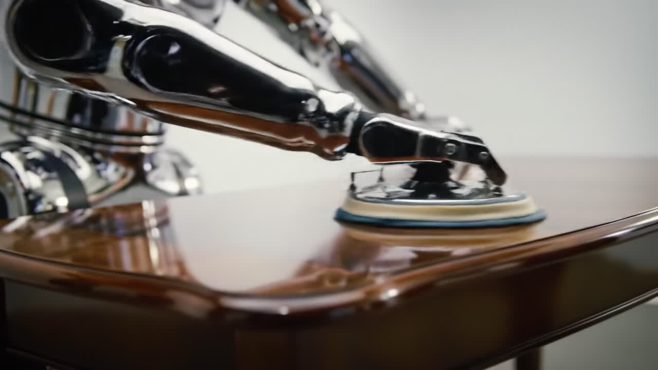 A robotic arm meticulously polishes a wooden table surface, showcasing advanced craftsmanship and precision-engineered mechanics in action