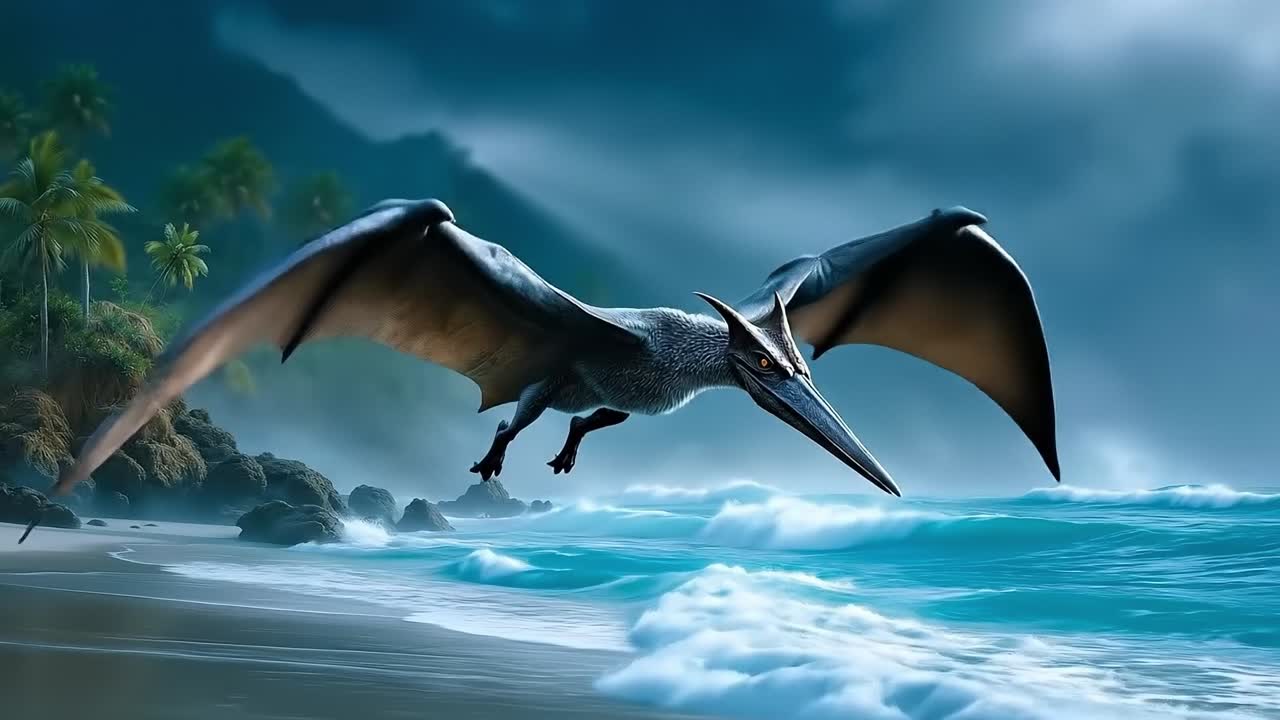 A pterodactyl flying over a beach next to the ocean