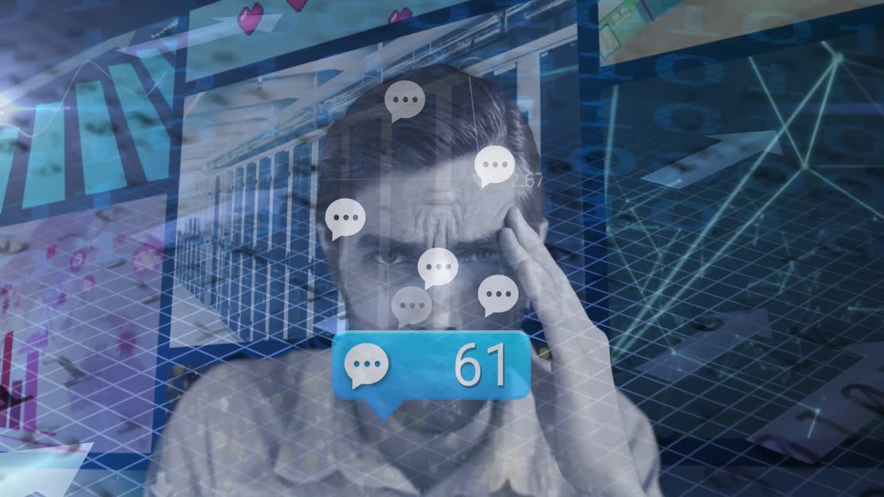 Animation of message icon with increasing numbers over stressed caucasian man and data processing