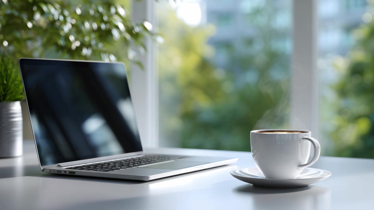 A serene workspace with a steaming cup of coffee beside a laptop, bathed in natural light from a sunny window, creating an inviting atmosphere for productivity.