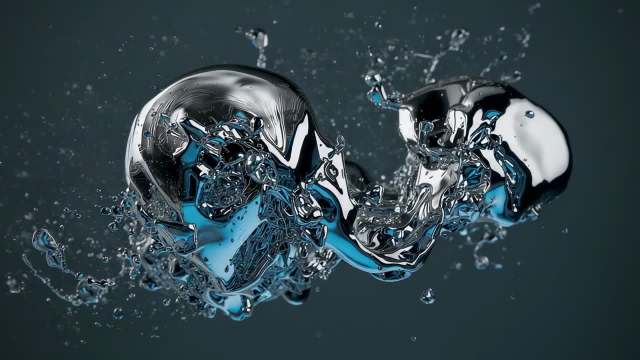 Simulating silver liquid masses colliding in gray studio, forming metal filaments and droplets