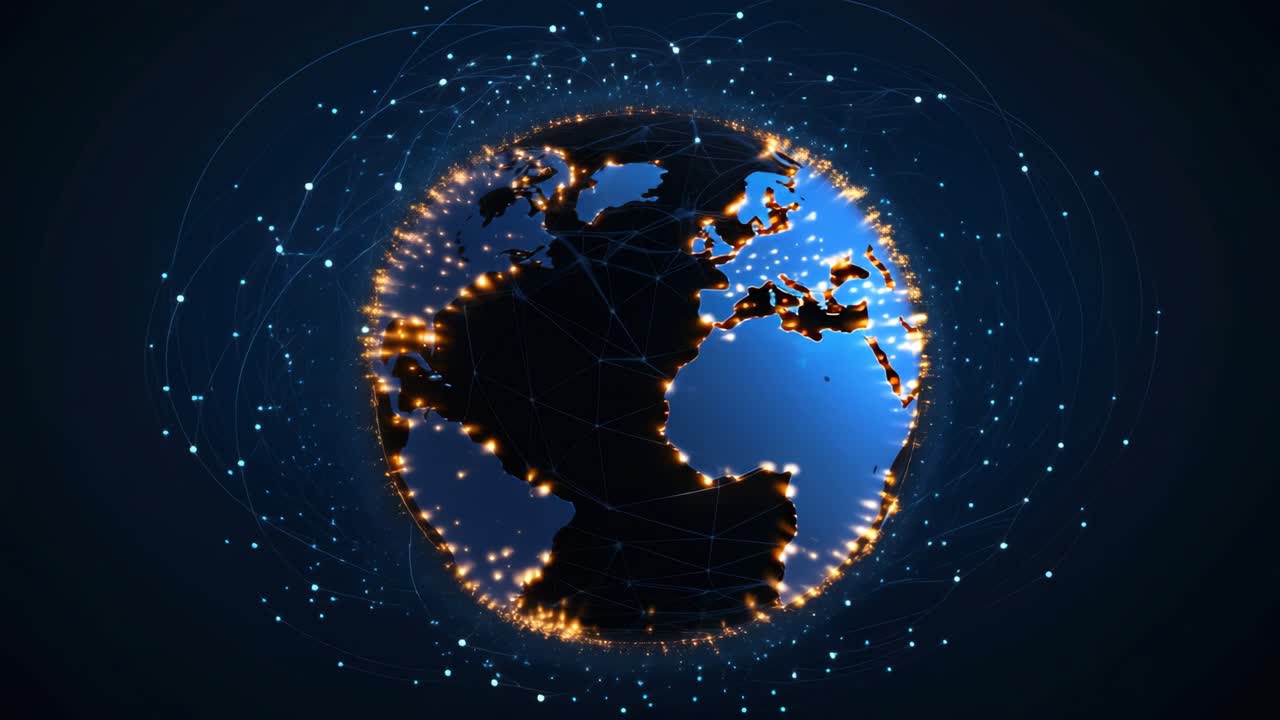 Aerial view of a digital Earth with glowing city lights and network lines, showcasing global