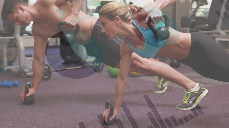 Animation of statistics over fit male and female exercising