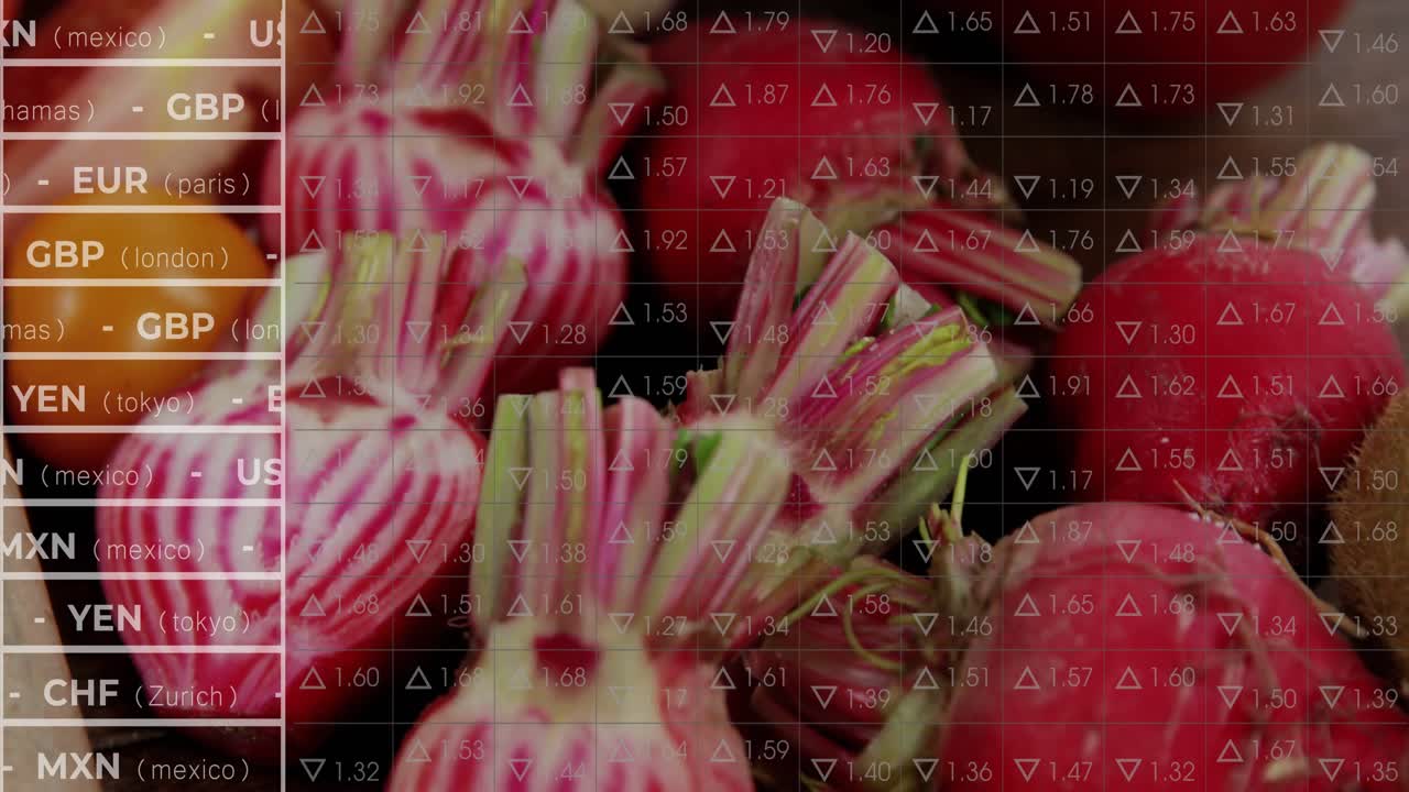 Camera dropping over candy beets, turnip to reveal golden beets; overlay cycling highlight on USD