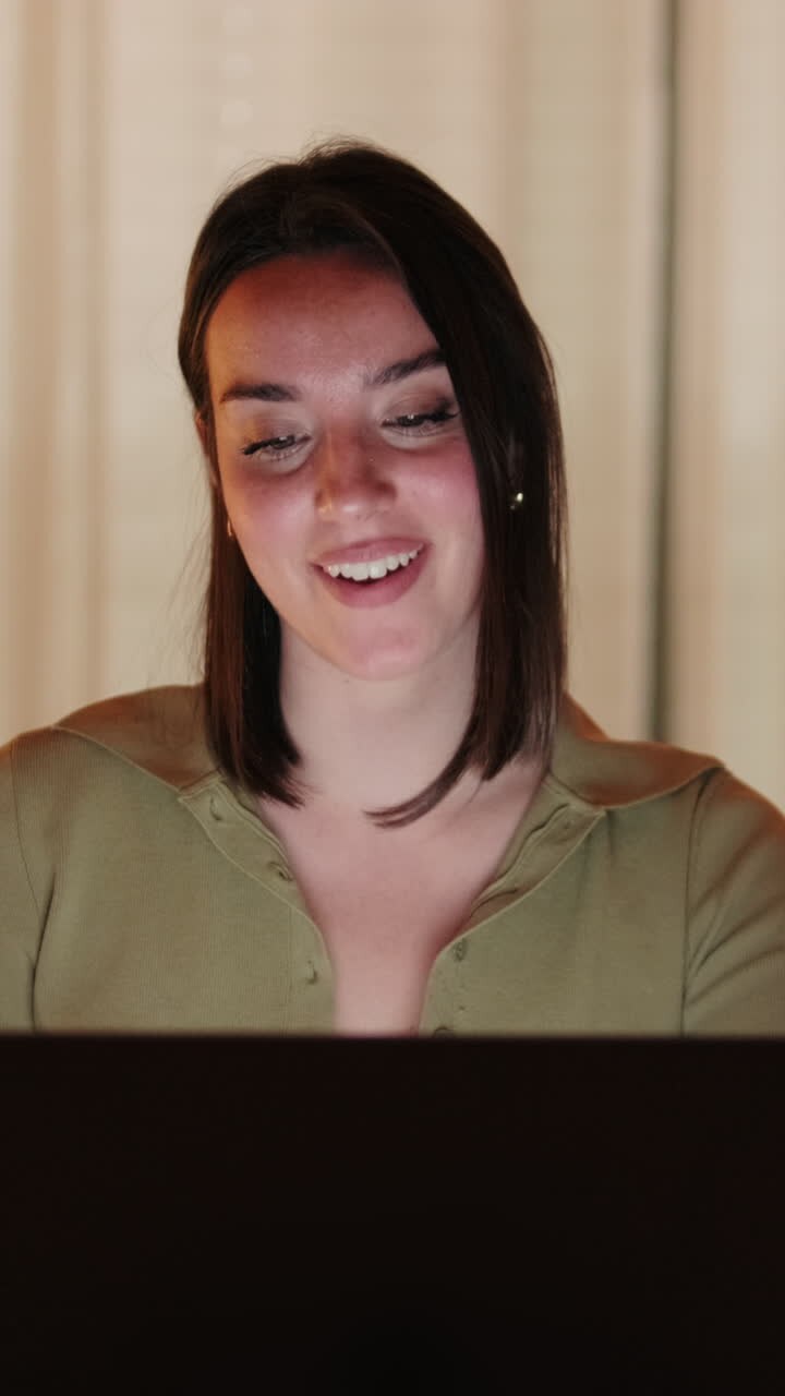 Close up of the Woman Working From Home at Night on Laptop