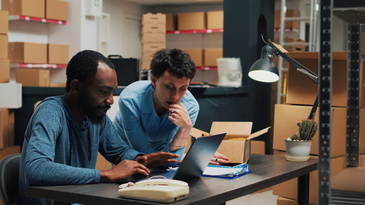 People working with boxes and a laptop in an office